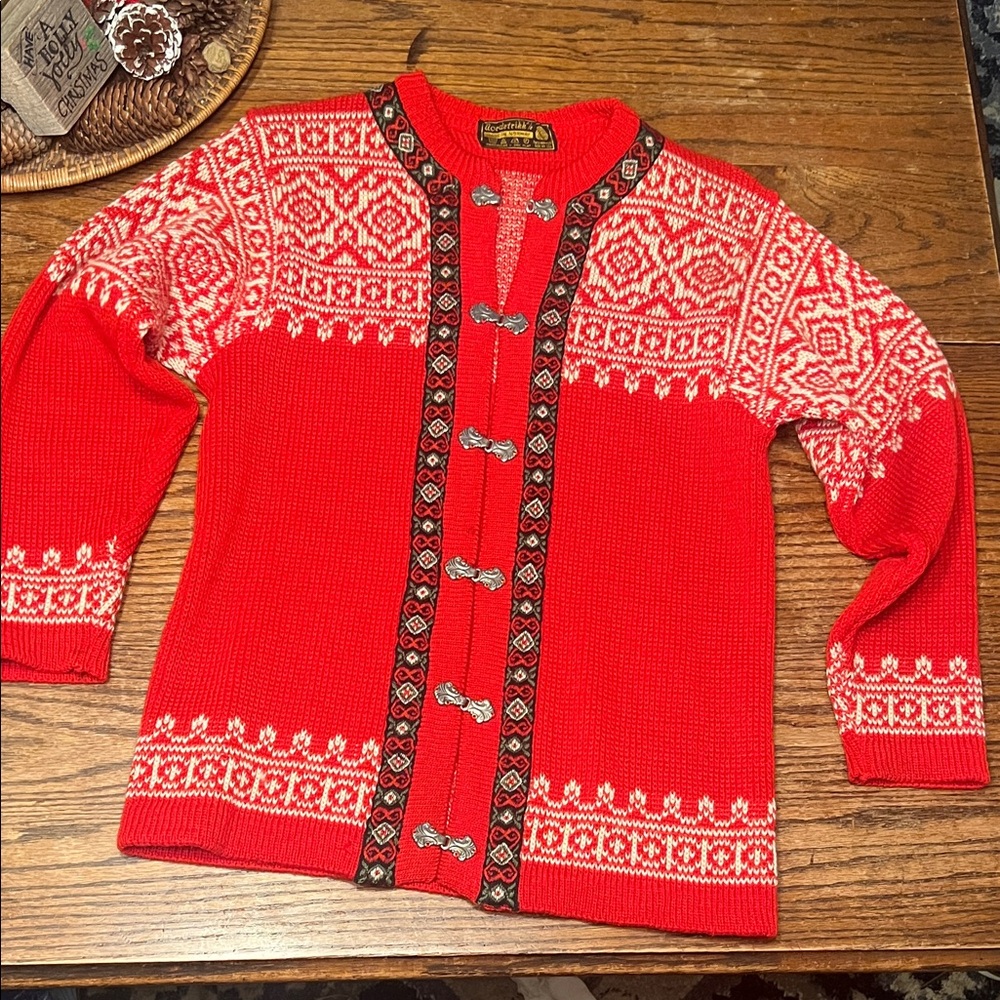 Vintage Nordstrikk Fair Isle Wool Nordic Red Patterned Women's unisex Cardigan